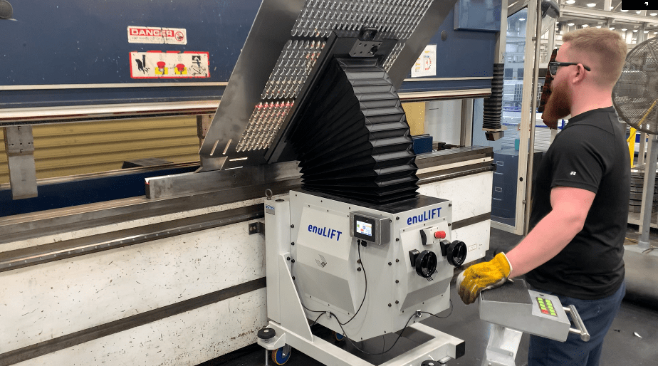 Trumpf TruBend 5170 retrofitted with EnuLIFT press brake sheet follower. The EnuLIFT is a great improvement in material handling and safety for operator.