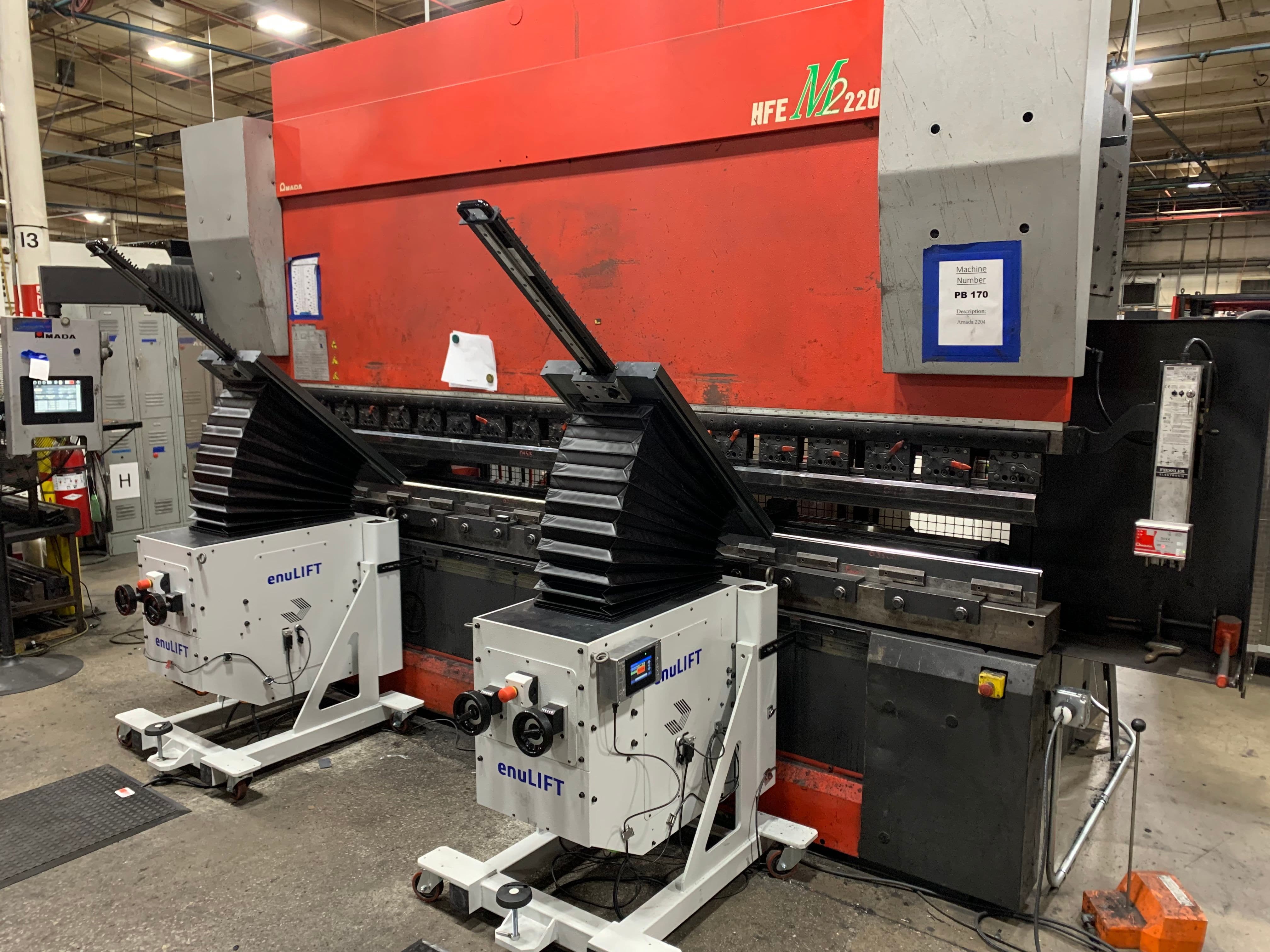 EnuLIFT Sheet Followers that are  completely transportable. Amada HFE press brake with EnuLIFT sheet follower retrofitted.