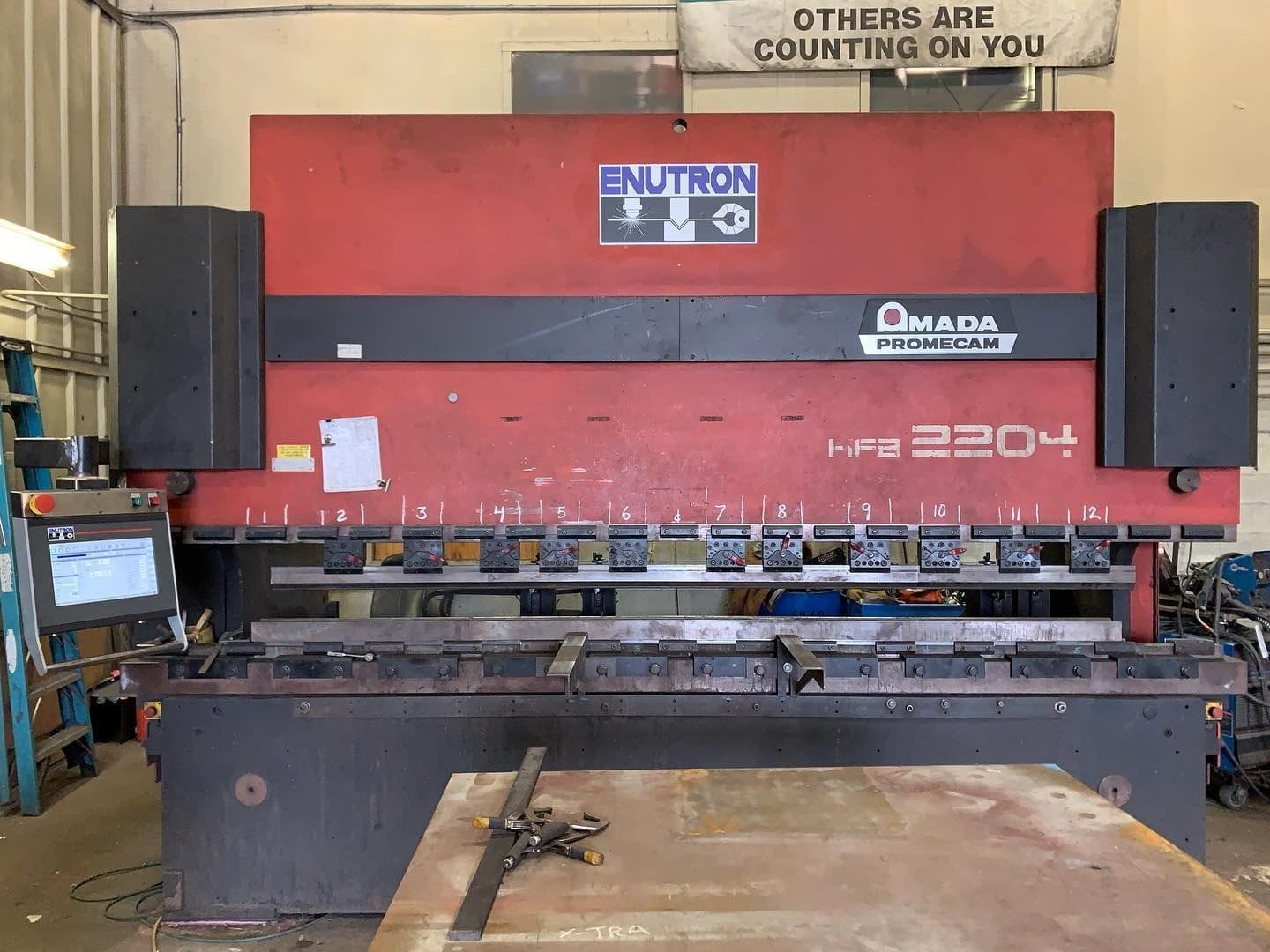 Enu640T CNC control retrofitted to Amada HFB 2204 press brake. Amada CNC control retrofits and upgrades available for all Amada press brake machines.